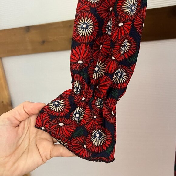 Modern Floral Geometric Pattern Tie Neck Lantern Sleeve Mini Dress Sz S No label - Picture 4 of 11